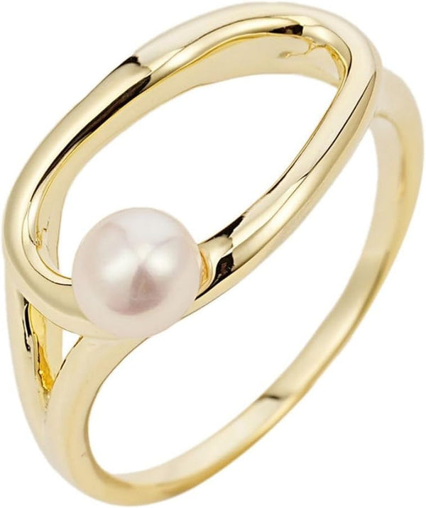Slyph Pearl Ring for Women 14K Gold Plated Irregular Statement Ring Danity Promise Rings for Birthday Wedding Band Bridal Ring Jewelry Gifts Size 6-9