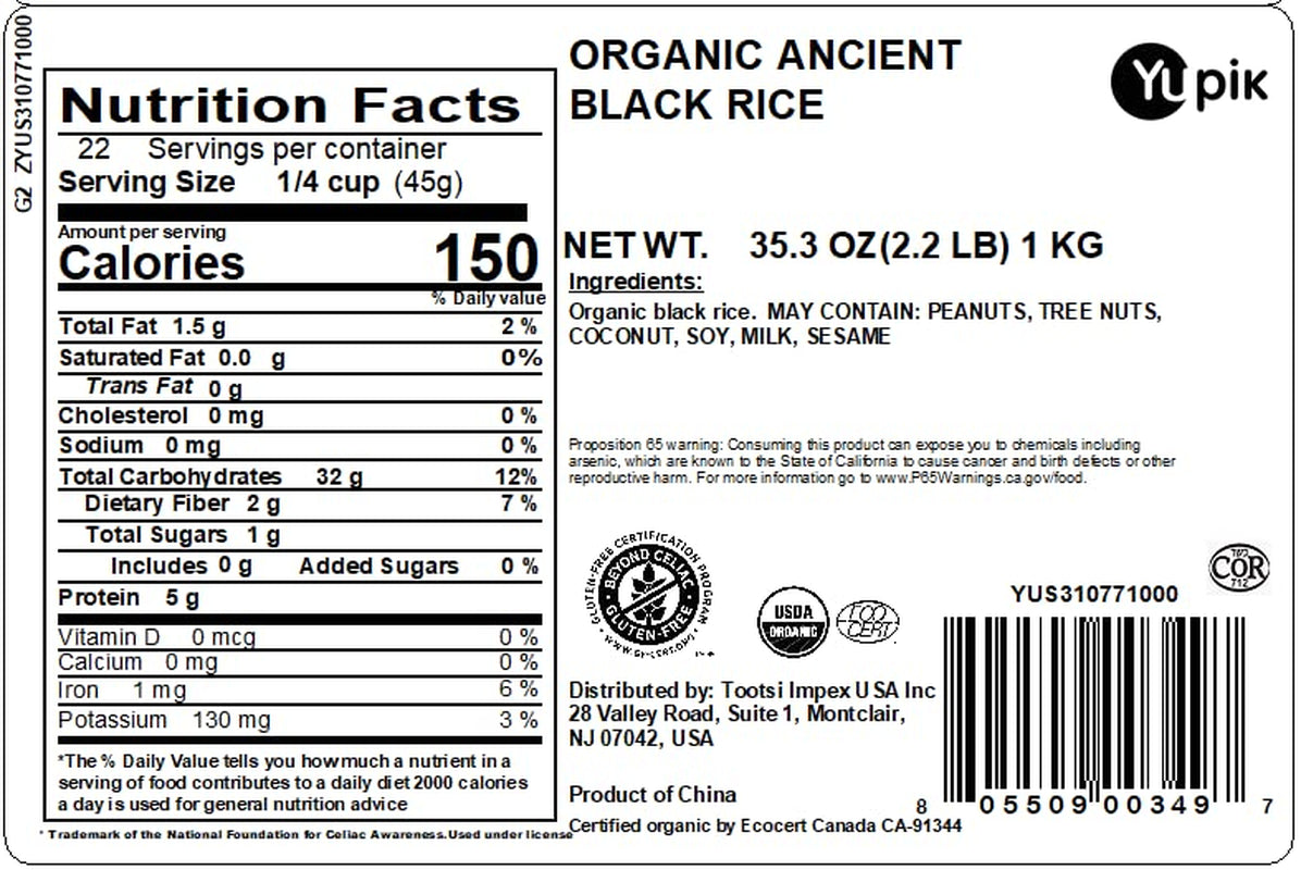 Organic Ancient Black Rice, 2.2 Lb (35.2 Oz), USDA Certified, Kosher, Gluten-Free, Whole Grain, Ideal for Cooking, Side Dishes, and Salads