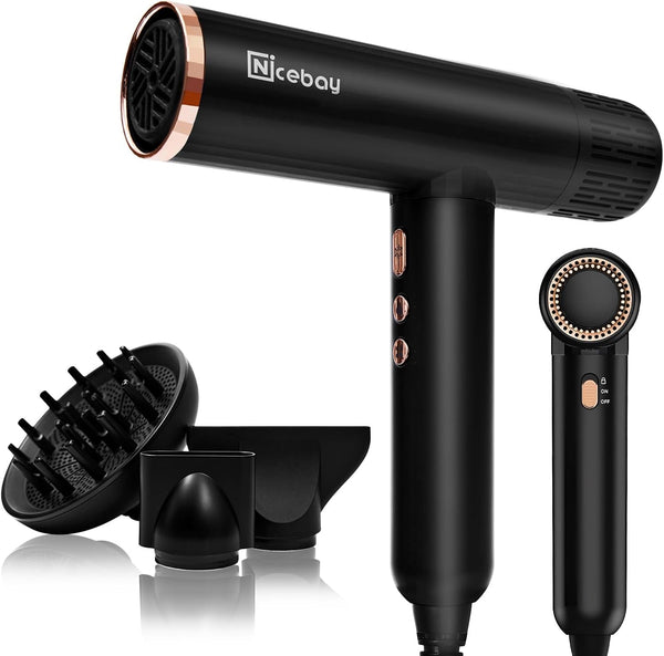 Ionic Hair Dryer with Diffuser, 1600W &110000RPM High-Speed Brushless Motor for Rapid Drying. Lightweight, Constant Temperature, Salon Blow Dryer with 3 Magnetic Attachments
