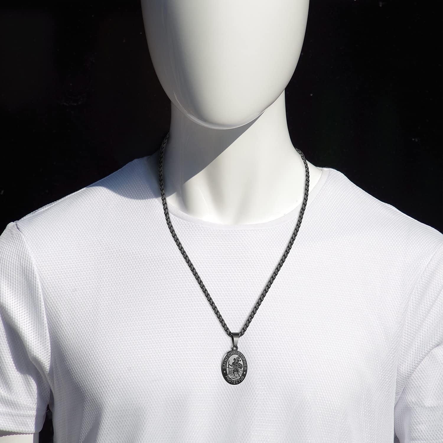 Oval Saint Christopher/Michael/Joseph/Virgin Mary/Florian/Jude Pendant Medal Necklace, Catholic Stainless Steel Wheat Chain 24 Inches
