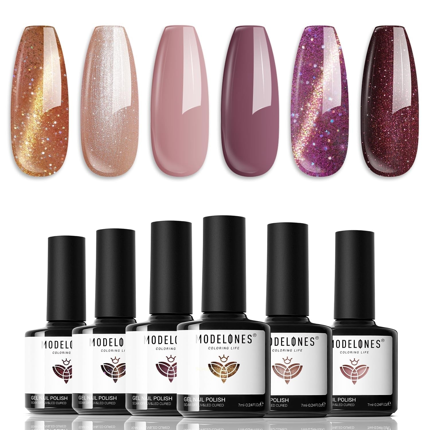 Gel Nail Polish Set, 6 Colors Nude Brown Gel Polish Glitter Burgundy Shiny Champagne Gold Magnetic Cat Eye Effect Sparkle Stunning Home Nail Art Kit Gift for Girl Women