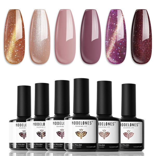 Gel Nail Polish Set, 6 Colors Nude Brown Gel Polish Glitter Burgundy Shiny Champagne Gold Magnetic Cat Eye Effect Sparkle Stunning Home Nail Art Kit Gift for Girl Women