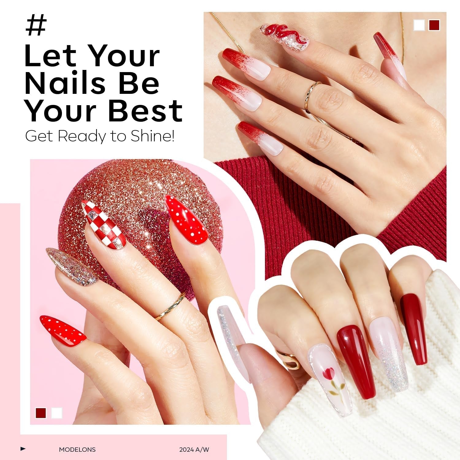 Red Gel Nail Polish Set 6 Colors, White Glitter Sparkle Bright Burgundy Dark Rose Champagne Silver Candy Cane Nail Gel Kit Soak off Nail Art Gel Manicure Salon DIY Gift Women