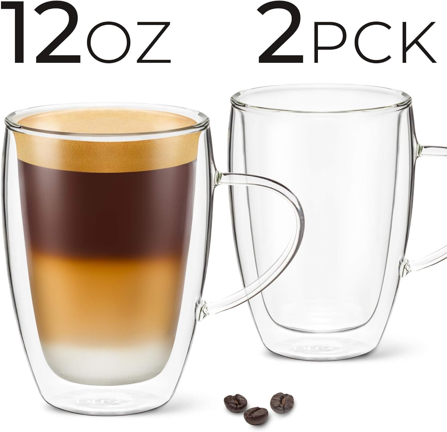 Coffee Mugs, 12Oz Latte Clear Glass Set of 2 Cups with Handles, Double Wall Insulated Borosilicate Glassware Cup - Wine, Tea Glasses