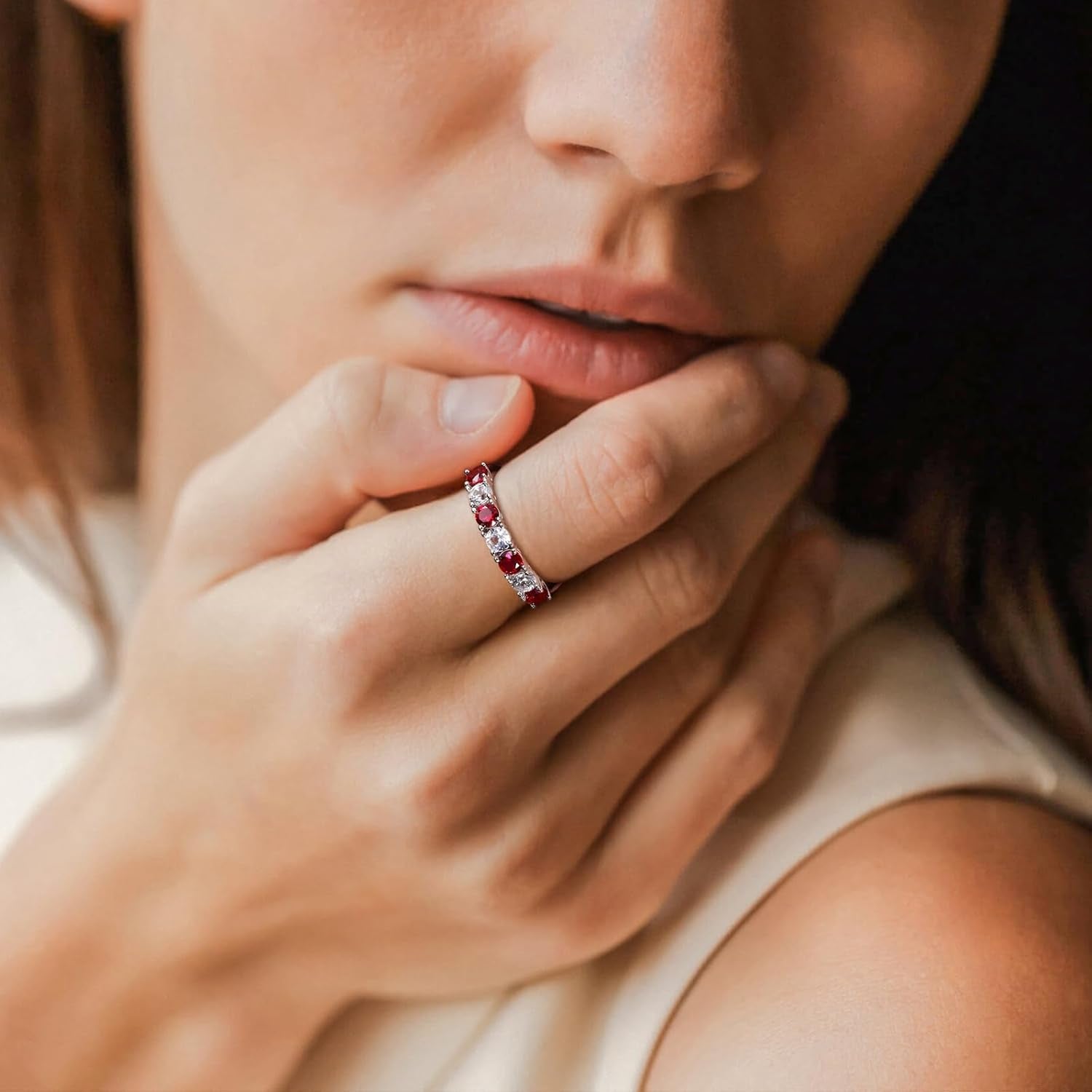 925 Sterling Silver Birthstone Rings for Women White Sapphire Created Gemstone Wedding Band Stackable Half Eternity 7 Stone Anniversary Ring Wife Mom Grandma Birthday Jewelry Size 6-10
