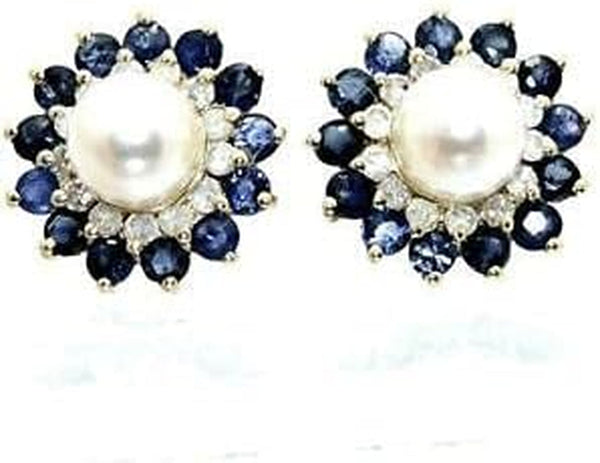 Vintage 14K Yellow Gold Plated 1.36 Ct Sapphire Pearl Diamond Floral Stud Earrings