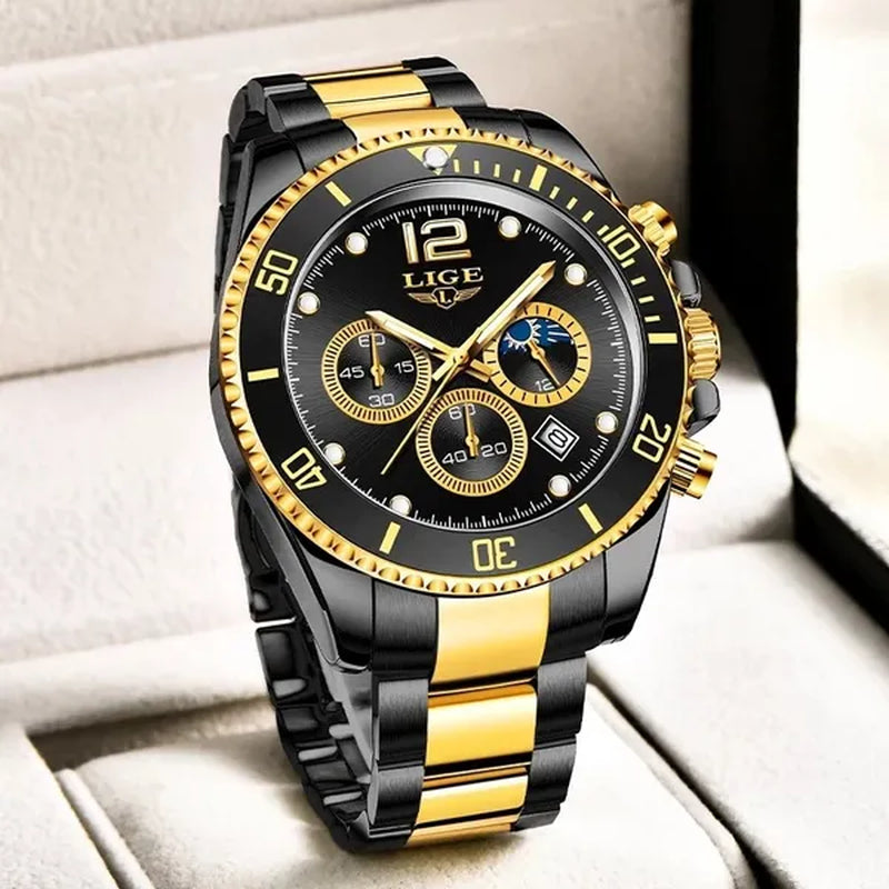 LIGE Luxury Elegant Stainless Steel Quartz Watches 3 ATM Waterproof Mens Wristwatch