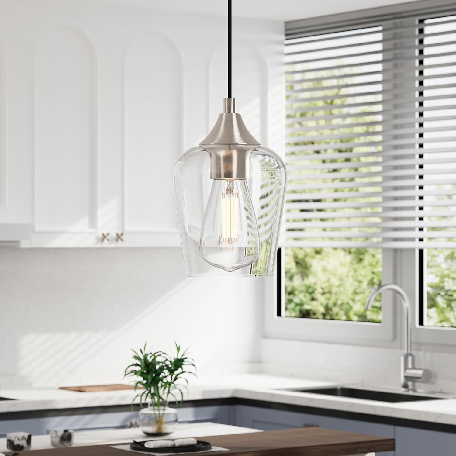 Pendant Light Kitchen Island, Brushed Nickel Pendant Light Fixture with E26 Base & Adjustable Cable, Modern Pendant Lighting with Glass Shade for Living Room Bedroom Hallway