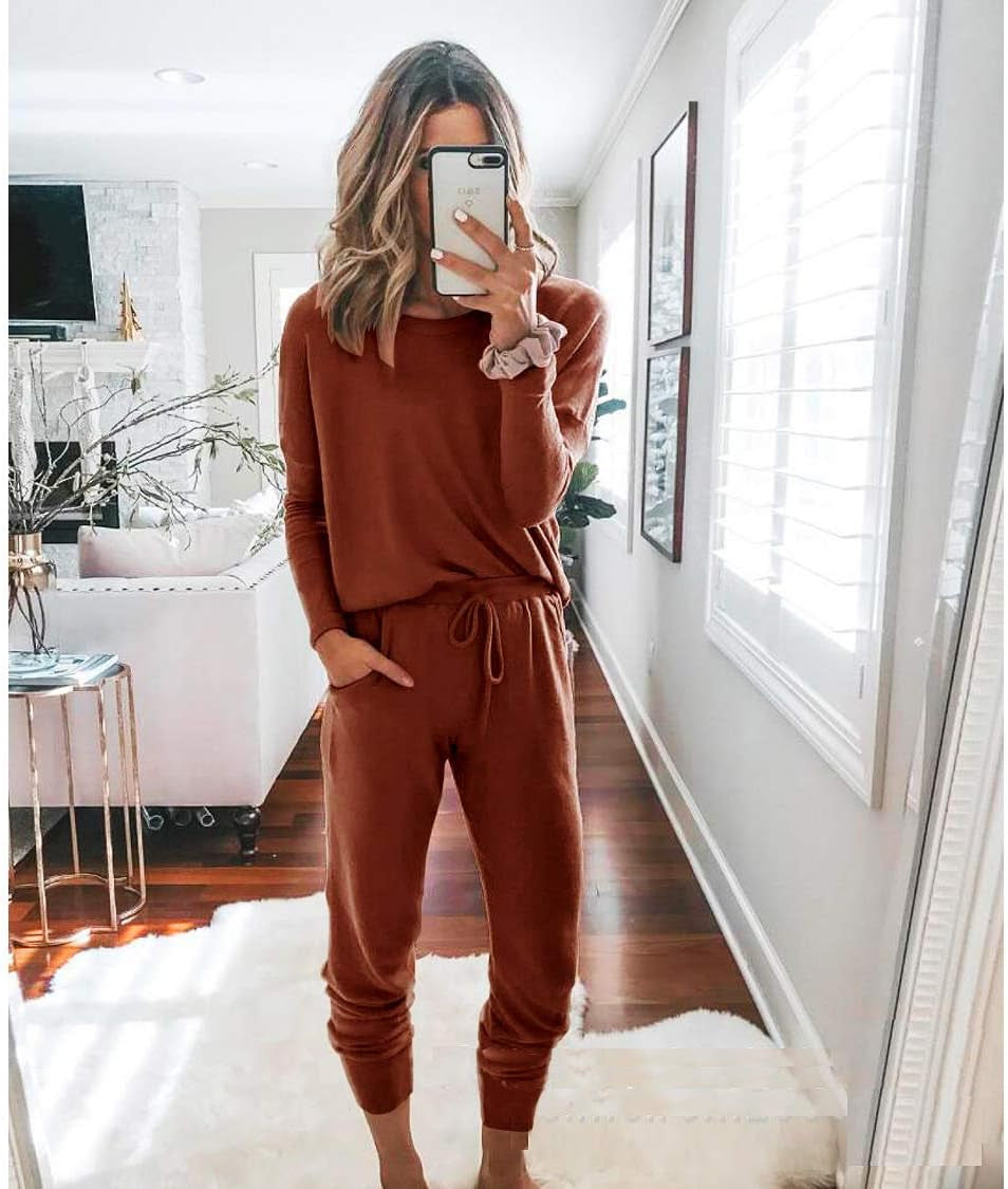 Women'S Fall 2 Piece Lounge Outfit Long Sleeve Crewneck Pullover Tops High Waisted Pants Set Tracksuit
