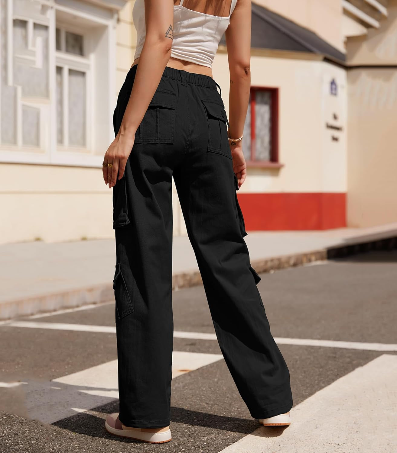 Women Pants High Waisted Cargo Pants Combat Military Wide Leg Casual Trousers 8 Pockets
