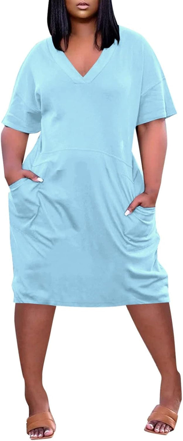 Plus Size Dresses for Curvy Women 2024 Summer Casual Short Sleeve Tshirt Midi Dress with Pockets Beach Vacation Dress