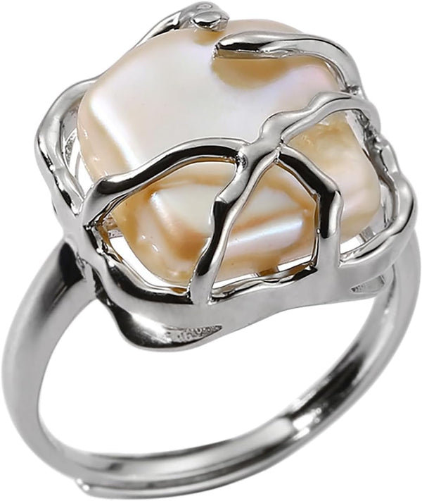 Baroque 18K Gold Pearl Statement Ring - Adjustable Chunky Pearl Wedding Jewelry for Women