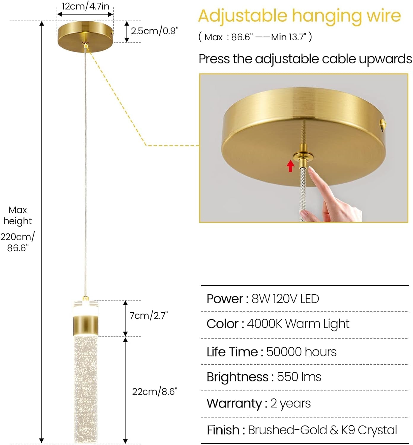 Gold Pendant Light Crystal Pendant Light Fixtures for Kitchen Island Lighting 4000K LED Modern Adjustable Chandelier Hanging Bubble Pendant Lighting (1Pack)