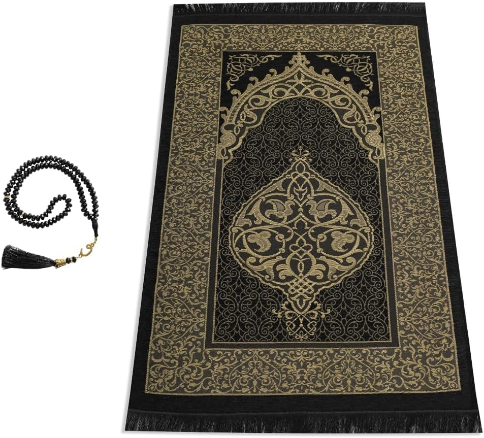 Muslim Prayer Rug with Tasbih - Prayer Mat - Islamic Gifts Set - Prayer Matt Islam - Travel Prayer Mat - Islamıc Prayer Rug - Portable Prayer Mat - Muslim Gifts for Women Men (Black)