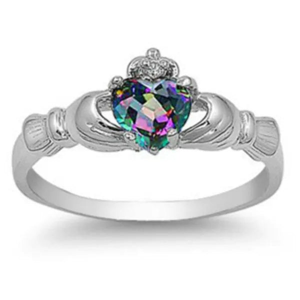 Sterling Silver Rainbow Mystic Topaz CZ Claddagh Ring Size 3-12