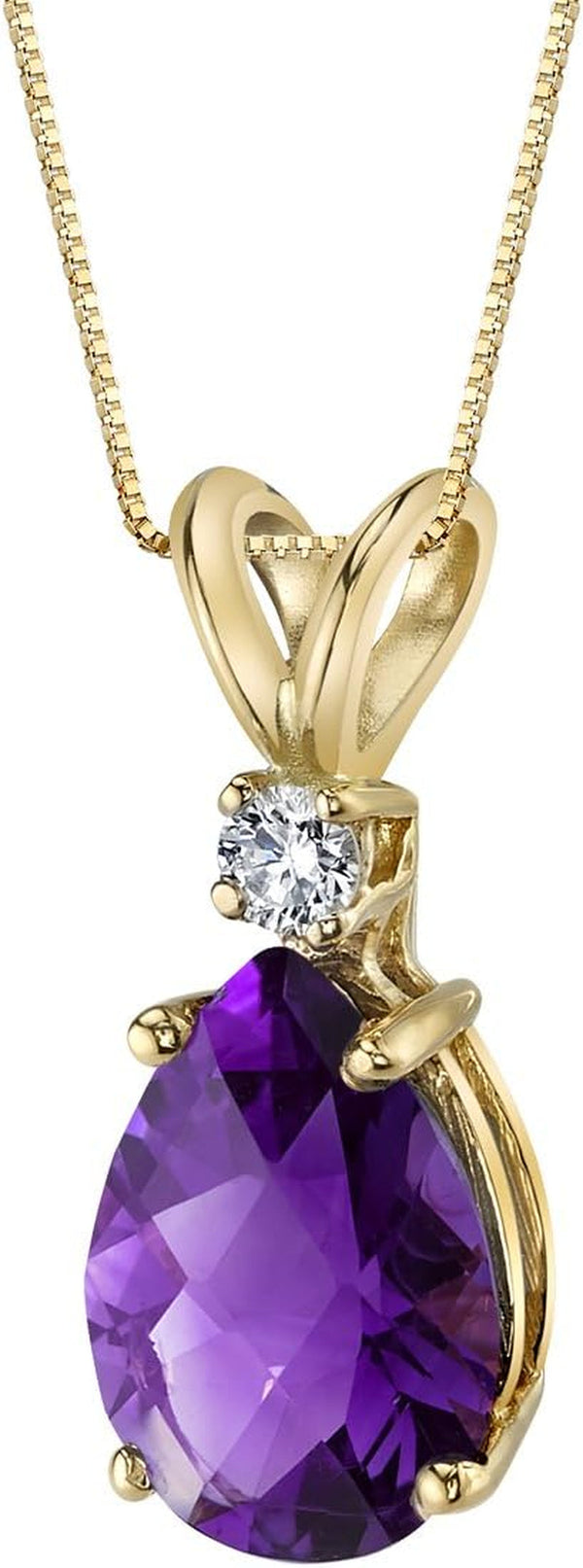 Solid 14K Yellow Gold Amethyst with Diamond Pendant for Women, Genuine Gemstone Teardrop Solitaire, 1.60 Carats Total, Pear Shape, 10X7Mm, Real Amethyst Necklace, February Birthstone Necklace