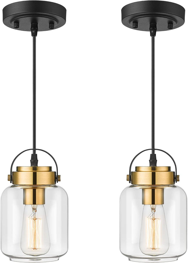 HWH Pendant Lights 2 Pack, Modern Glass Hanging Light Fixtures for Kitchen Island, Industrial Island Light for Dining Room, Bedroom, Schoolhouse, Black and Gold Finish, 5HZG61M1L-2 BK+BG