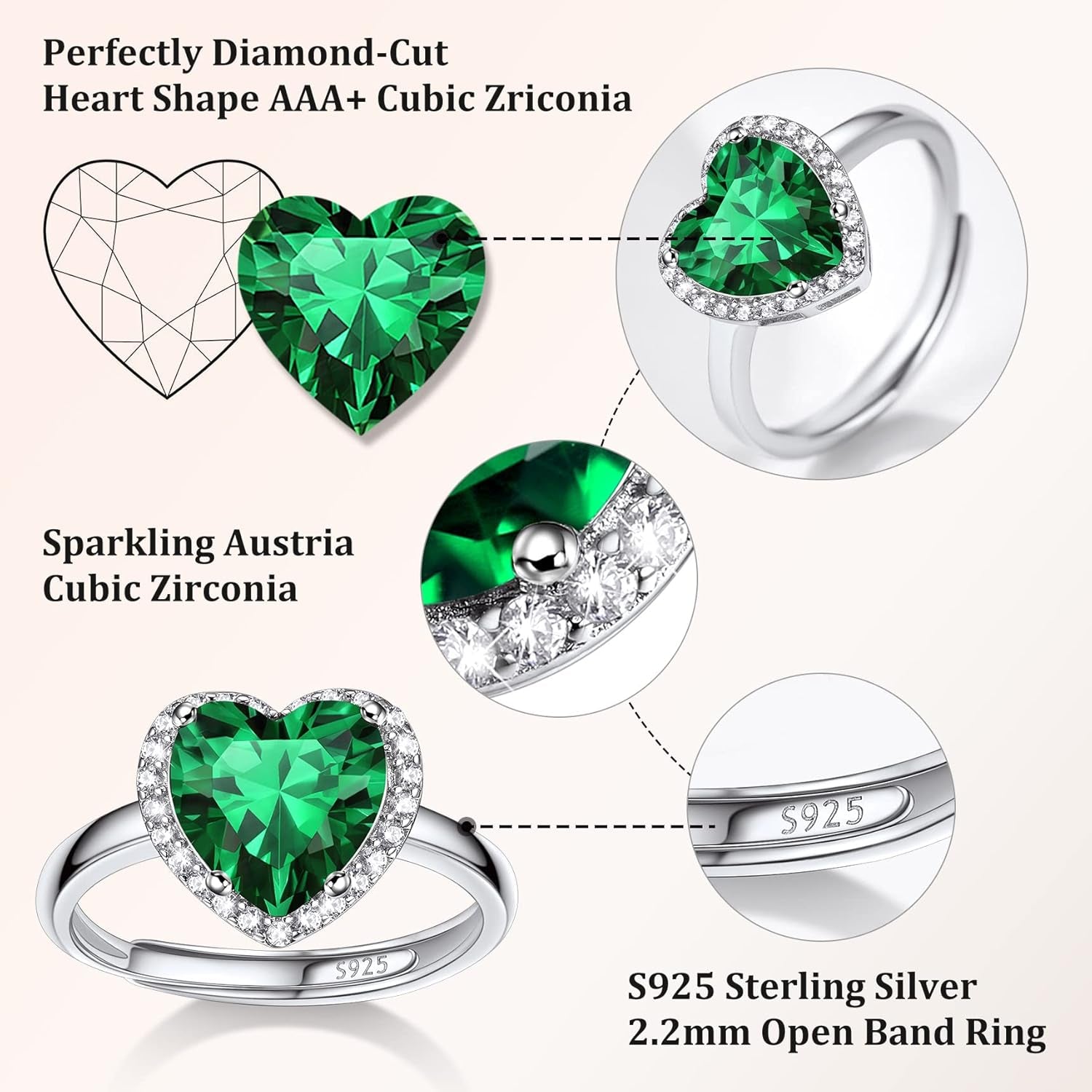 925 Sterling Silver Birthstone Rings for Women Girls with Clear 2Ct Heart/Round/Teardrop/Square Crystal, Solitaire Diamond Halo Open Bands Cubic Zirconia Rings Adjustable Size#6-#12