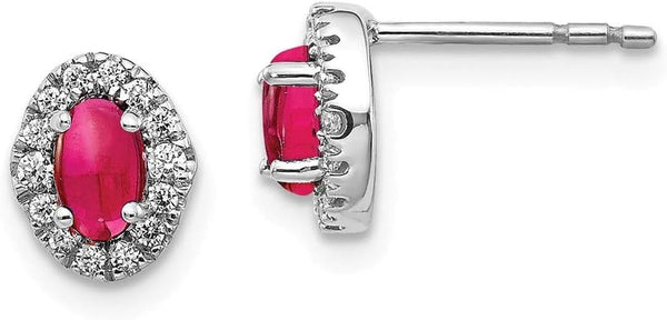 Real 14Kt White Gold Diamond & Cabochon Ruby Earrings