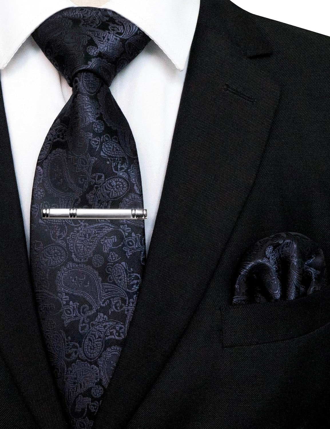 Mens Solid Color Paisley Necktie and Pocket Square with Tie Clip Sets