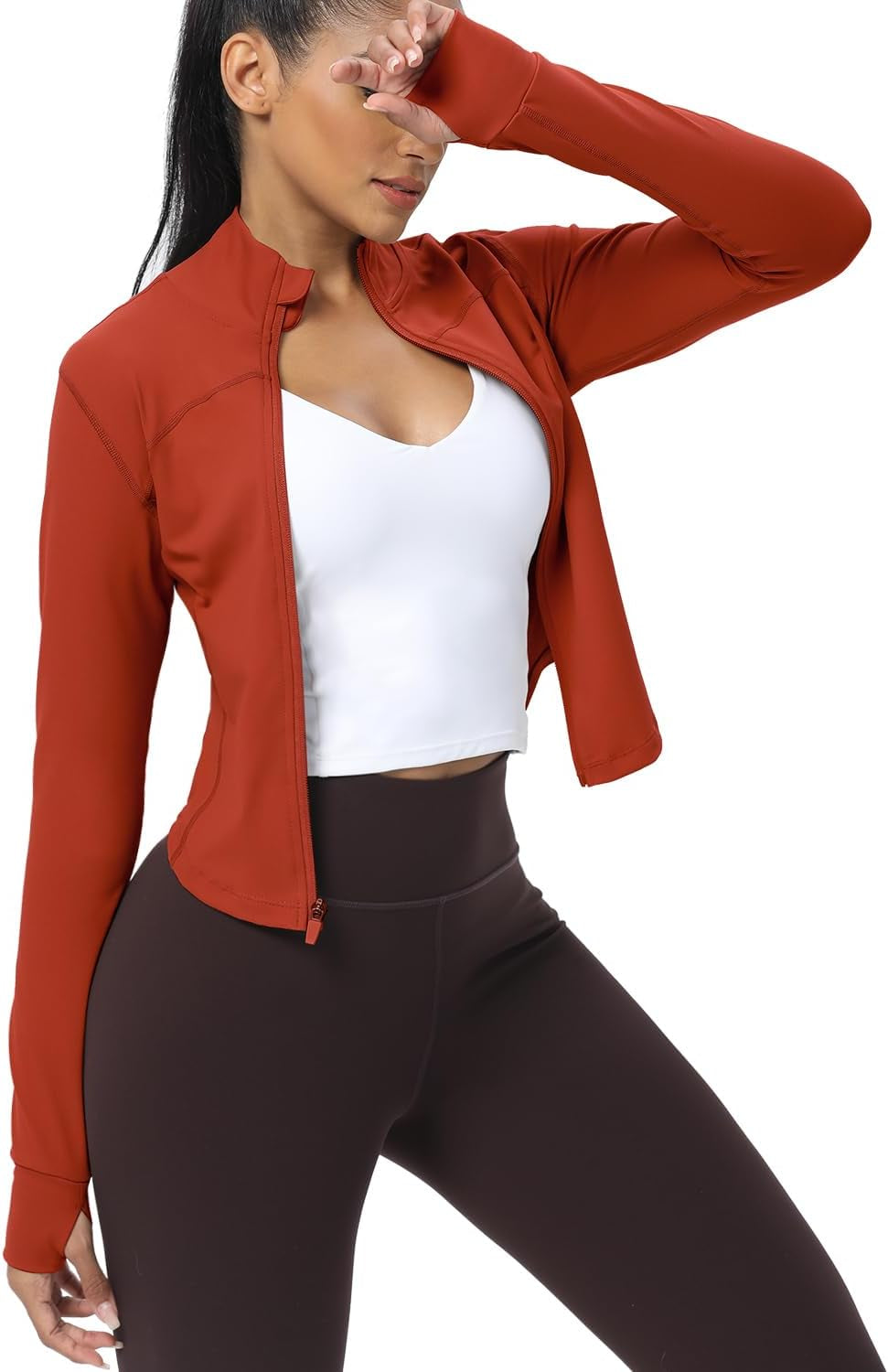 Women'S Cropped Running Workout Jackets Zip Slim Fit Athletic Tops with Thumb Holes