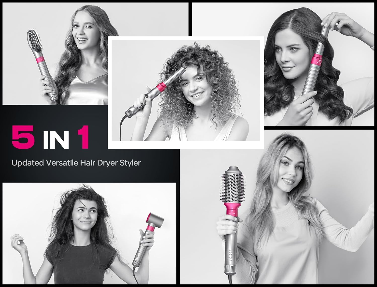 5 in 1 Professional Hot Air Styler,  Powerful Hair Dryer & Straightener Set, Styling without Heat Damage, Fast Drying Curling Volumizing Straightening, 110 Volts, 1200 Watts（Silver）