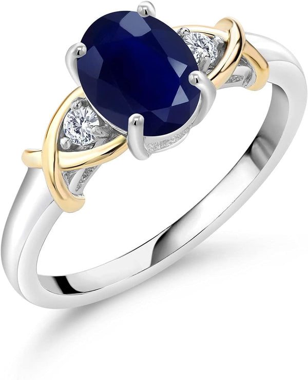 10K Yellow Gold and 925 Sterling Silver Blue Sapphire and White Lab Grown Diamond Engagement Ring for Women | 1.88 Cttw | Oval 8X6MM | Ring Size 5-9