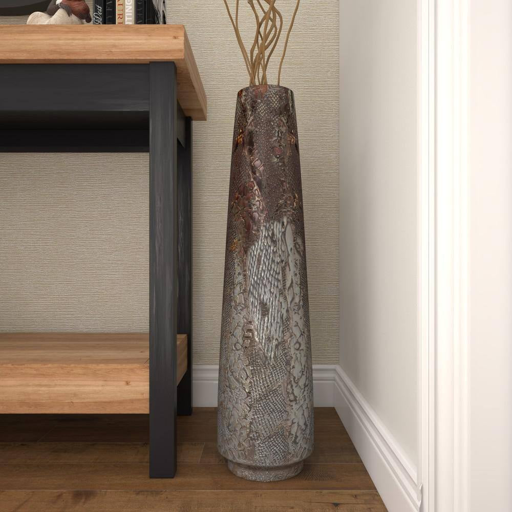 31 In. Silver Snakeskin Inspired Ceramic Decorative Vase