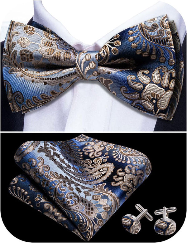 Paisley Striped Bow Tie for Men Silk Pre-Tied Bowtie Pocket Square Cufflinks Set Formal Wedding Party Prom