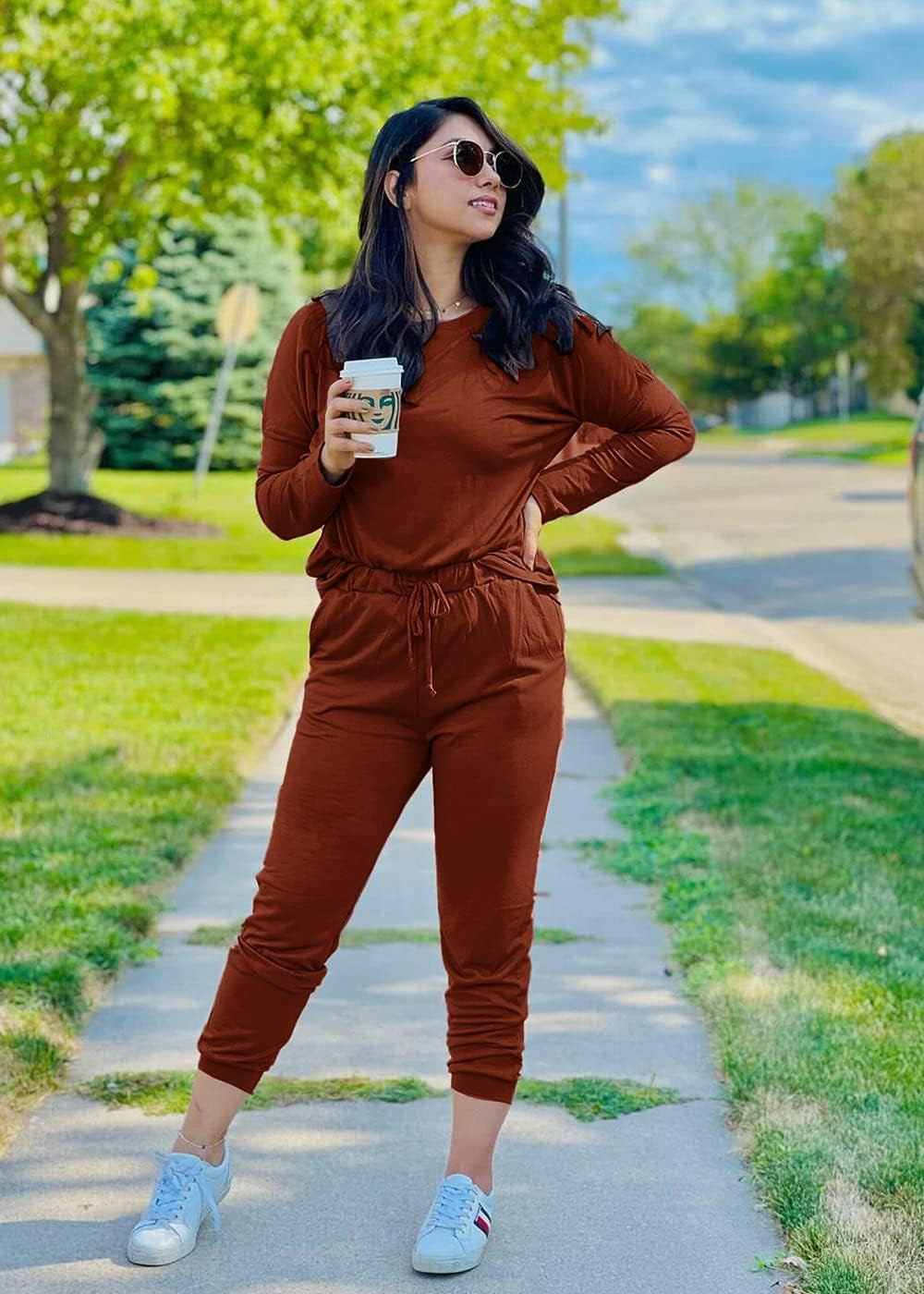 Women'S Fall 2 Piece Lounge Outfit Long Sleeve Crewneck Pullover Tops High Waisted Pants Set Tracksuit
