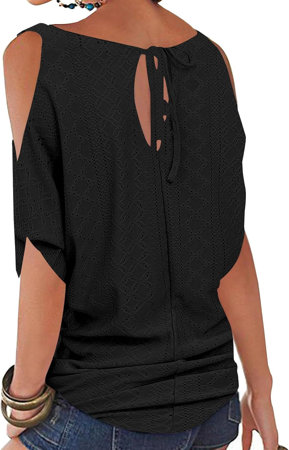 Women Cold Shoulder O-Neck Short Sleeve Loose Fit Summer Shirt Blouse Tops