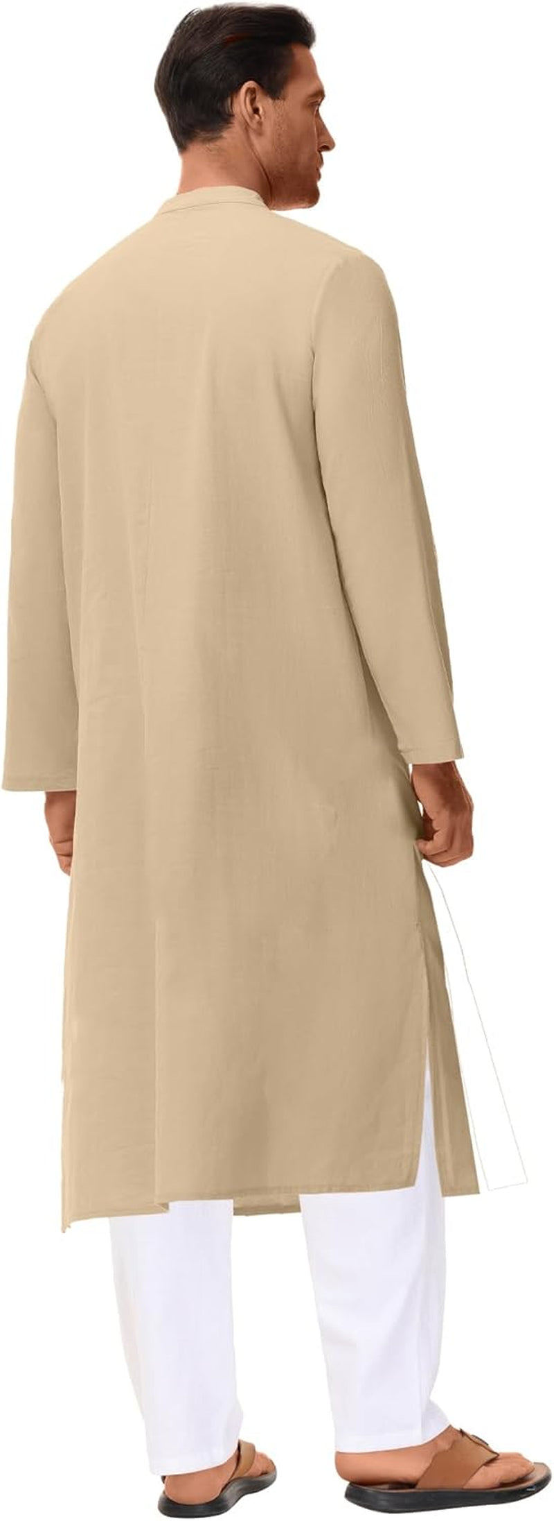 Kaftan for Men Long Sleeve Caftan Thobe Side Split Muslim Robe Button down Long Gown Tunic Shirts