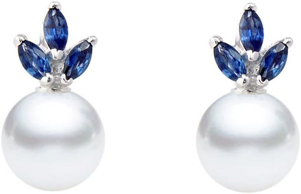 14K White Gold AAAA Quality Japanese Akoya Cultured Pearl Blue Sapphire Earrings for Women -