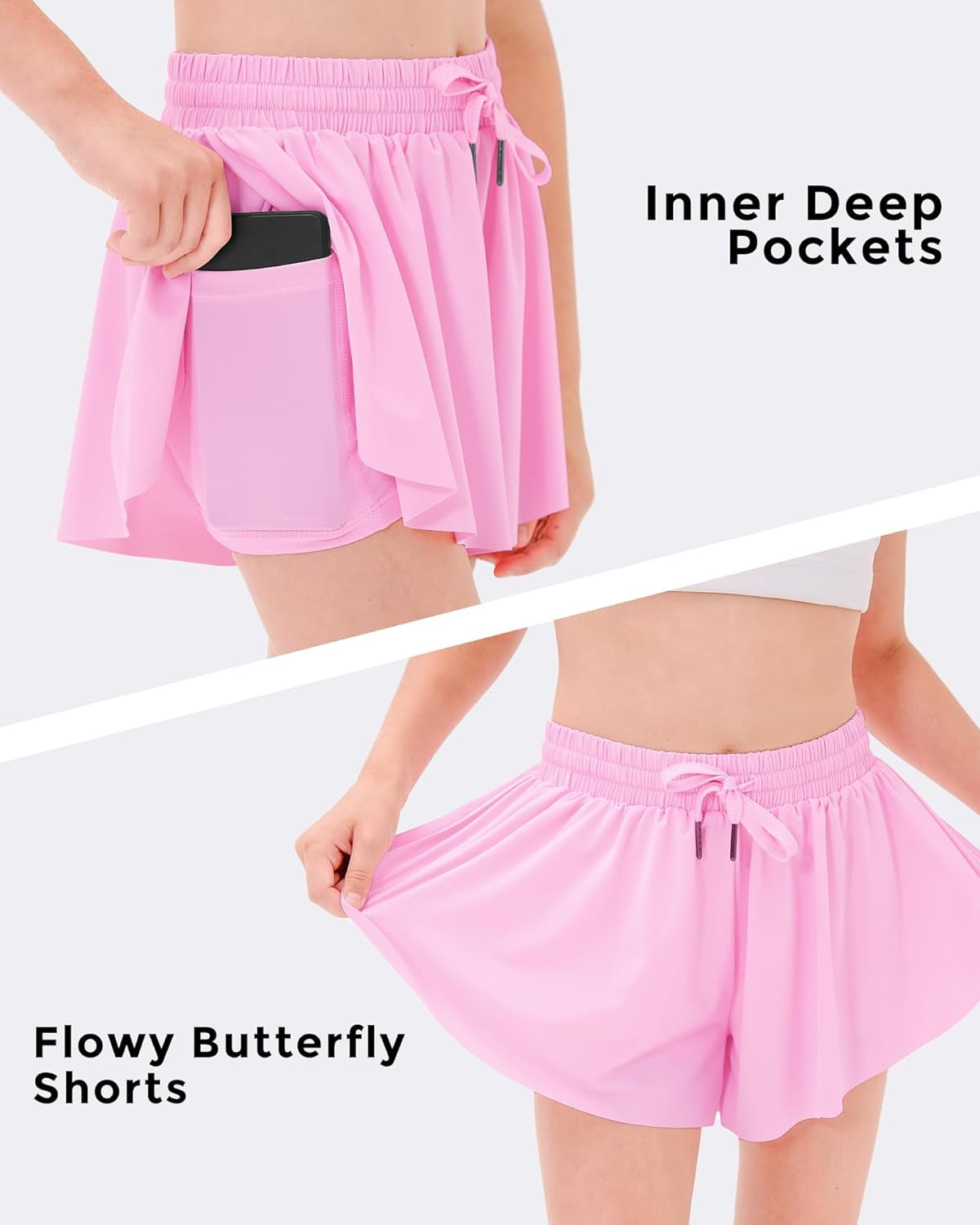 Girls Flowy Shorts with Pockets Athletic Running Skirt High Waist Butterfly 2 in 1 Sports Short 5-16 Years