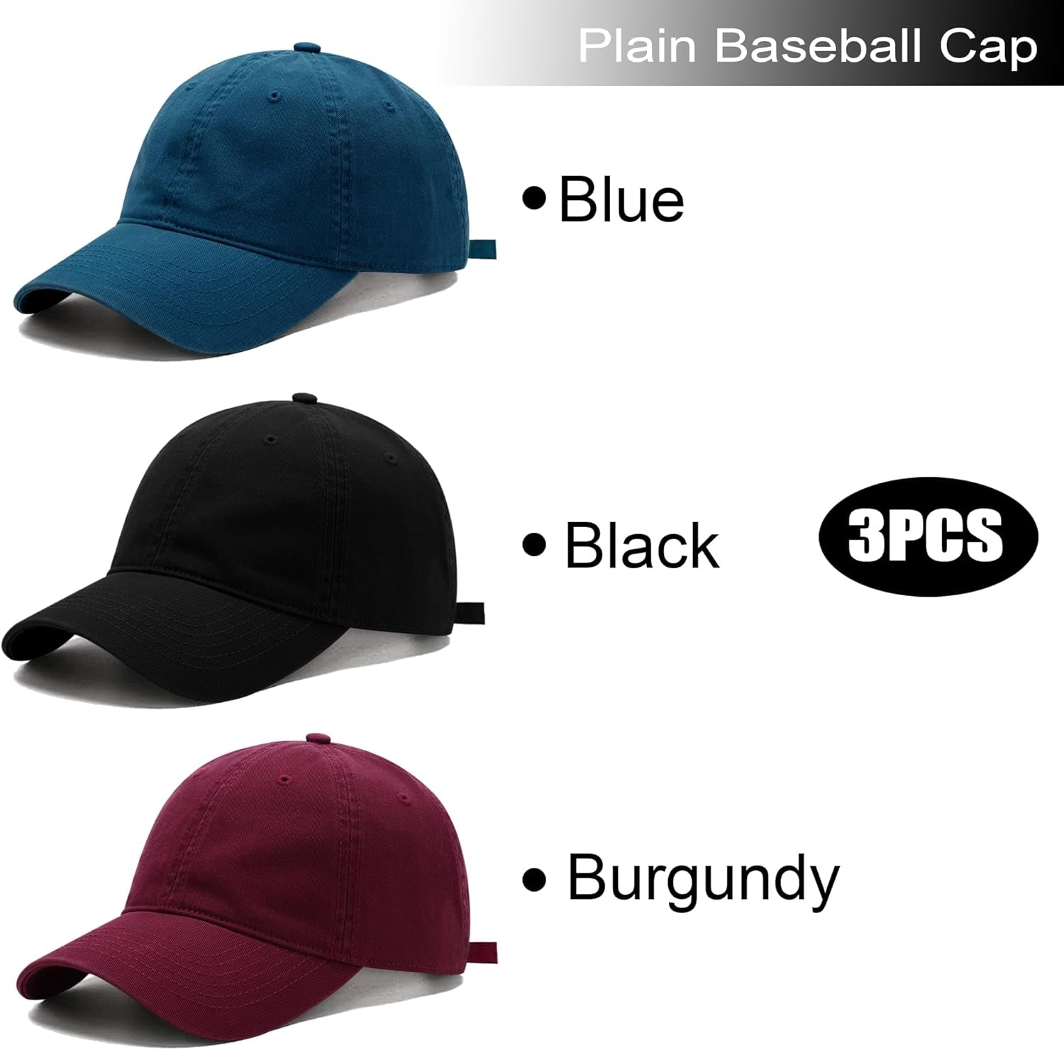 3 Pack Washed Plain Vintage Baseball Cap Cotton Adjustable Twill Bulk Low Profile Classic Dad Hat for Men/Women