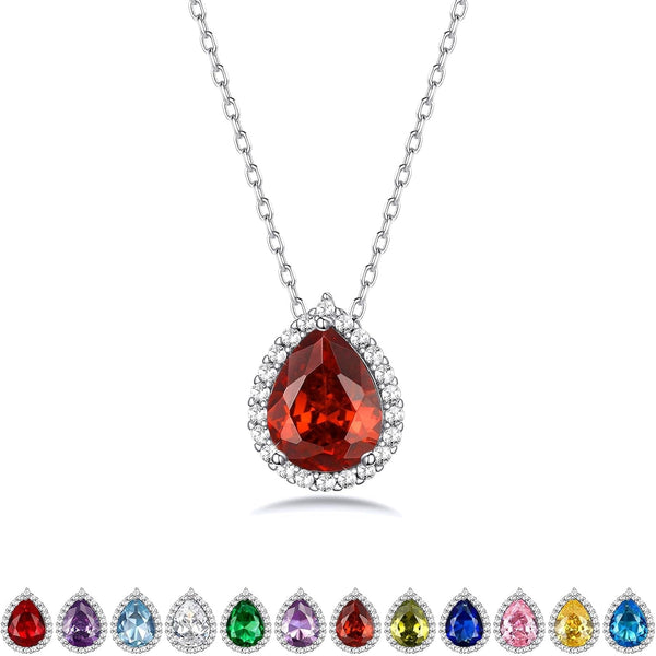 Sparkling 925 Sterling Silver Birthstone Necklaces for Women, Created Heart/Round/Teardrop/Square Crystal Solitaire Pendant Diamond Necklace, Great Birthday/Anniversary/Wedding Gifts