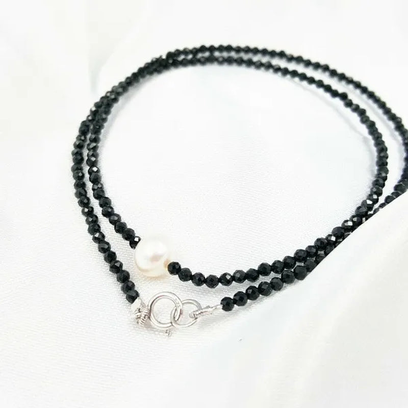 Real Black Spinel 2mm&Freshwater Pearl Choker Necklace 925 sterling silver 17.5inch
