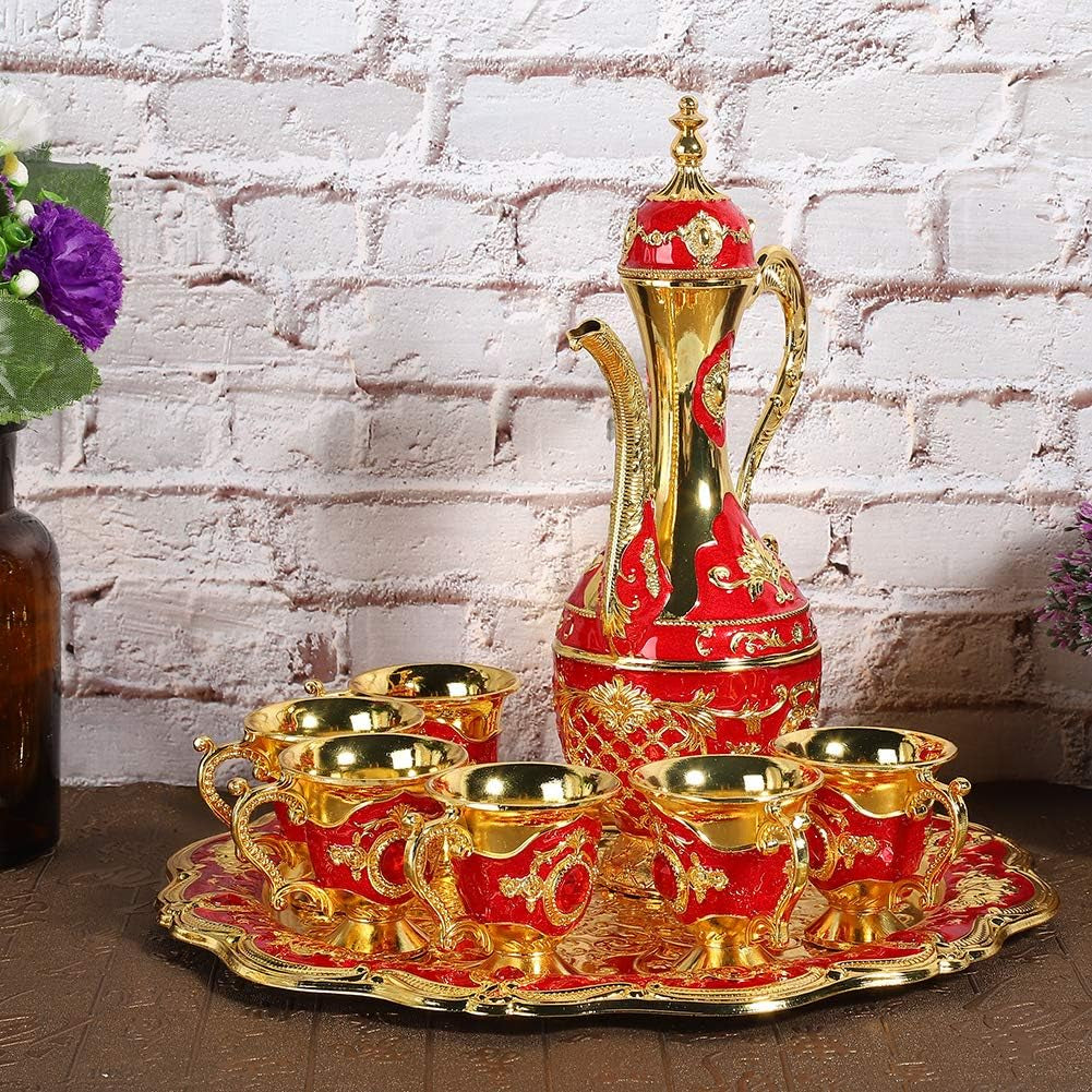 Metal Wine Drinking Cups Hip Flask Set, European Retro Wine Pot Russian Colored Tin Wine with Wine Glass Alloy Six Cup Set Wedding Gift Household Ornaments/431 (Color : Red)