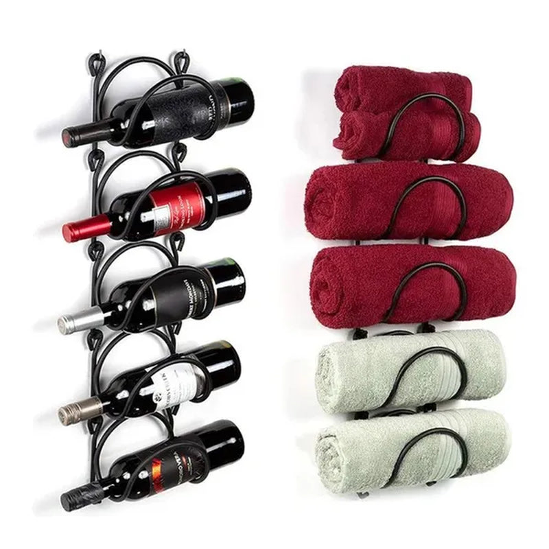 5 Layers Wrought Iron Bathroom Towel Rack Wall-Mounted Wine Bottle Display Rack Simple Multifunctional Storage Shelf