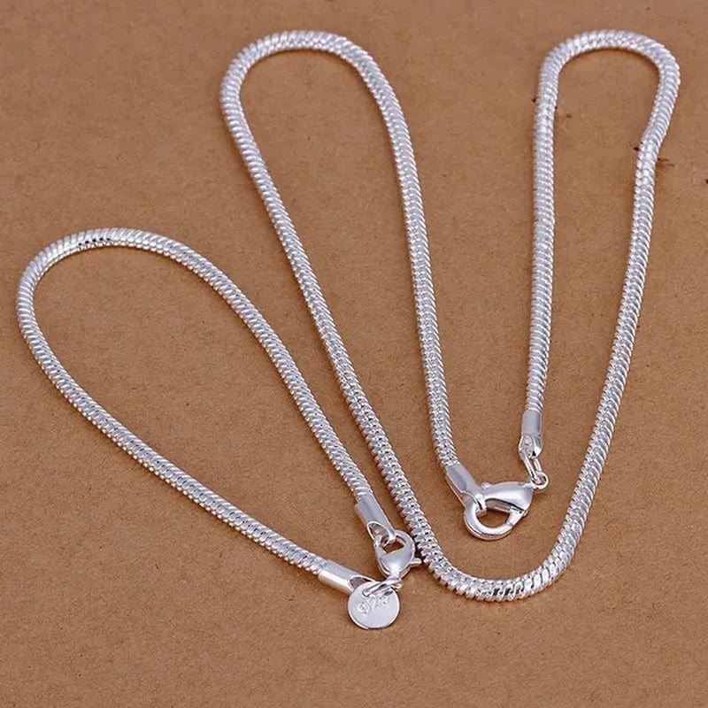 NEW Wholesale 925 Sterling Solid Silver 3Mm Snake Bracelet Necklace Sets