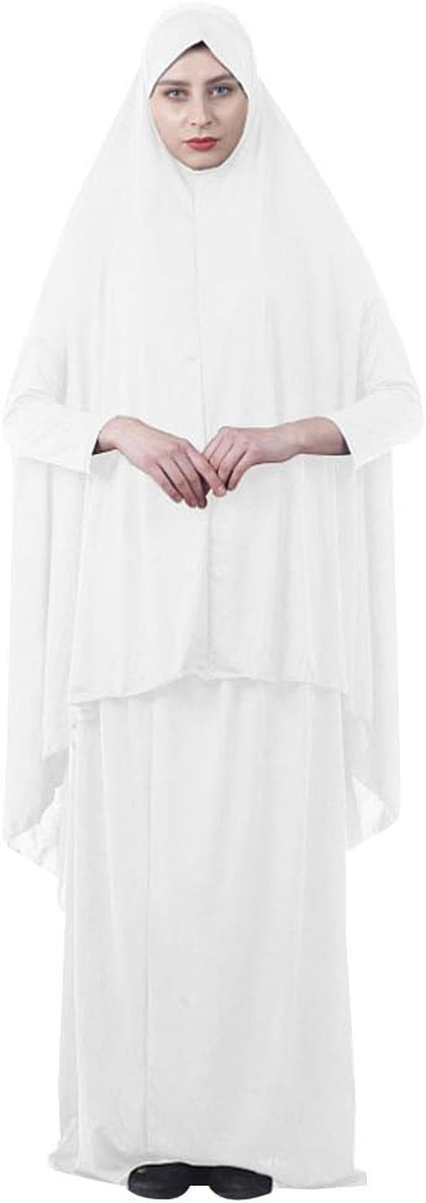 Women'S Muslim Prayer Dress Hijab Scarf Islamic Abaya Two-Piece Full Length Dress (White, L)