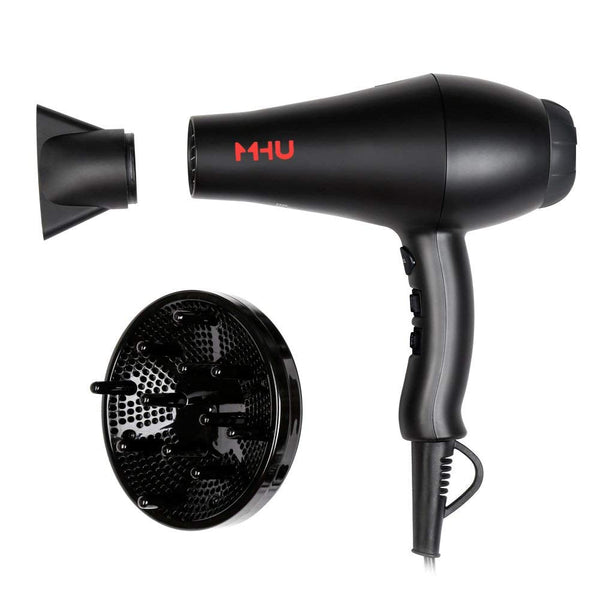 MHU Professional Salon Grade 1875W Low Noise Ionic Ceramic Ac Infrared Heat Hair Dryer plus One Concentrator and One Diffuser Black Color