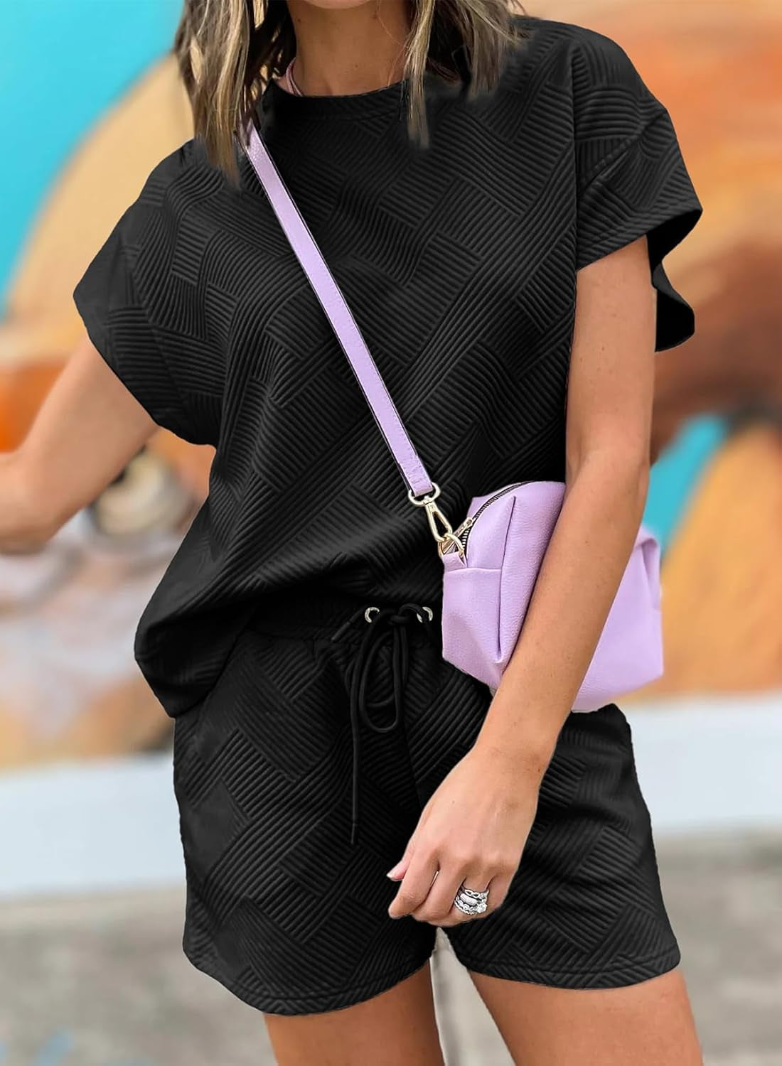 Women'S 2 Piece Outfits Sweatsuit Casual Short Sleeve Pullover Tops and Drawstring Shorts Pants Lounge Sets