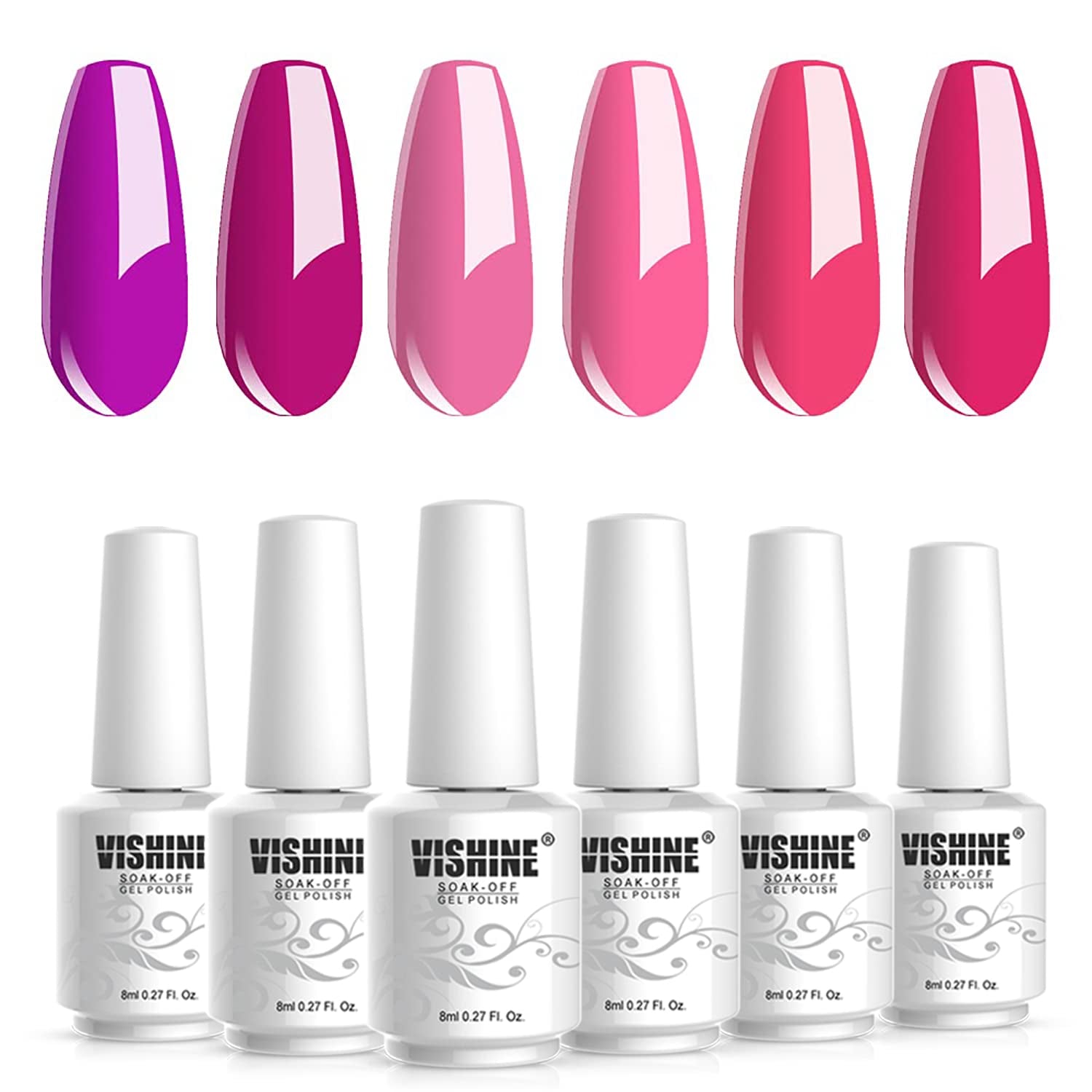 Hot Pink Fuchsia Gel Nail Polish Set - 6PCS Colors Magenta Purple Gel Polish, Soak off Gel Polish Set Nail Art LED UV Nail Lamp Cured,8Ml Each Bottle Nail Gel Kit Glamour Gifts