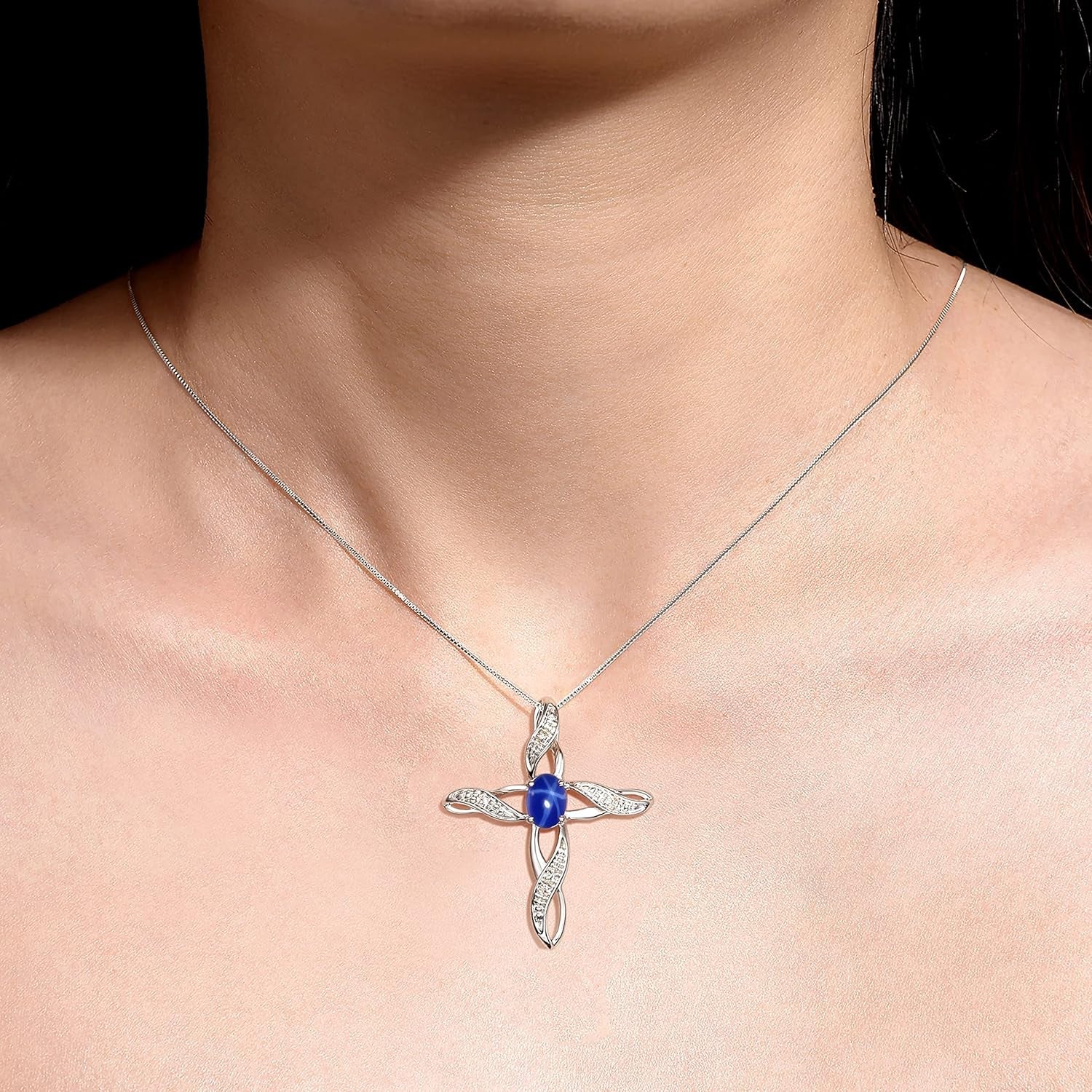 Necklace Sterling Silver 925 Cross Necklace with Gemstone & Diamonds Pendant with 18" Chain 7X5MM Birthstone Womens Jewelry Silver Necklace for Women Diamond Necklace