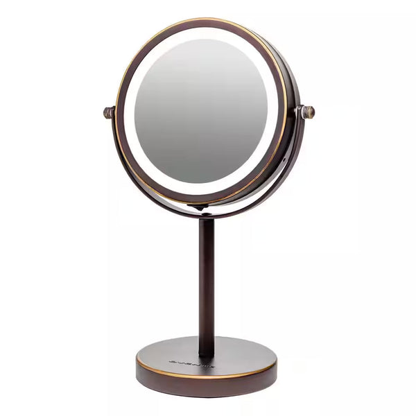 Small Antique Bronze Lighted Tabletop Makeup Mirror (11.6 In. H X 7.1 In. W), 1X-7X Magnification