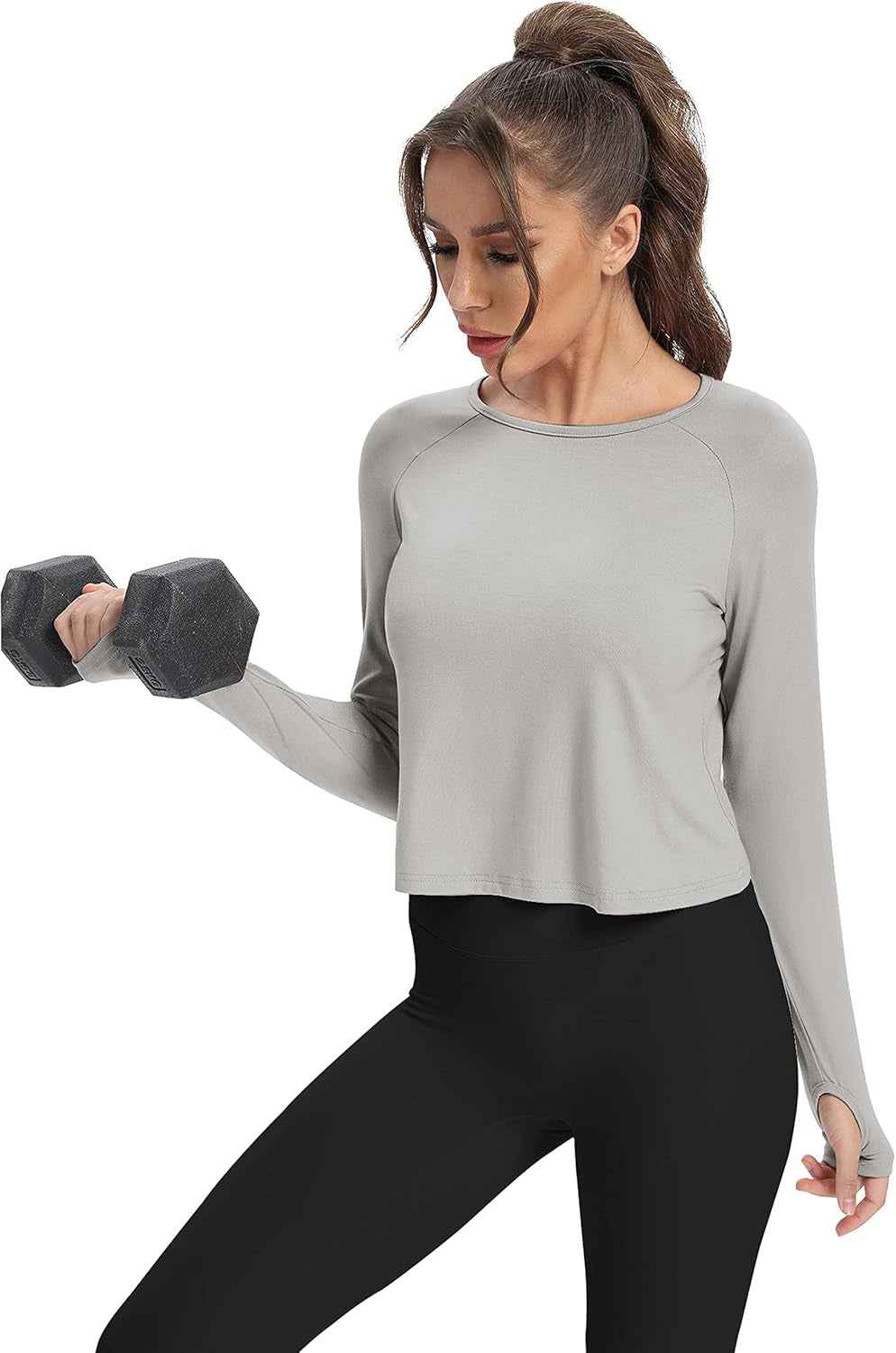 Long Sleeve Athletic Workout Shirts Sports Yoga Gym Crop Tops for Women