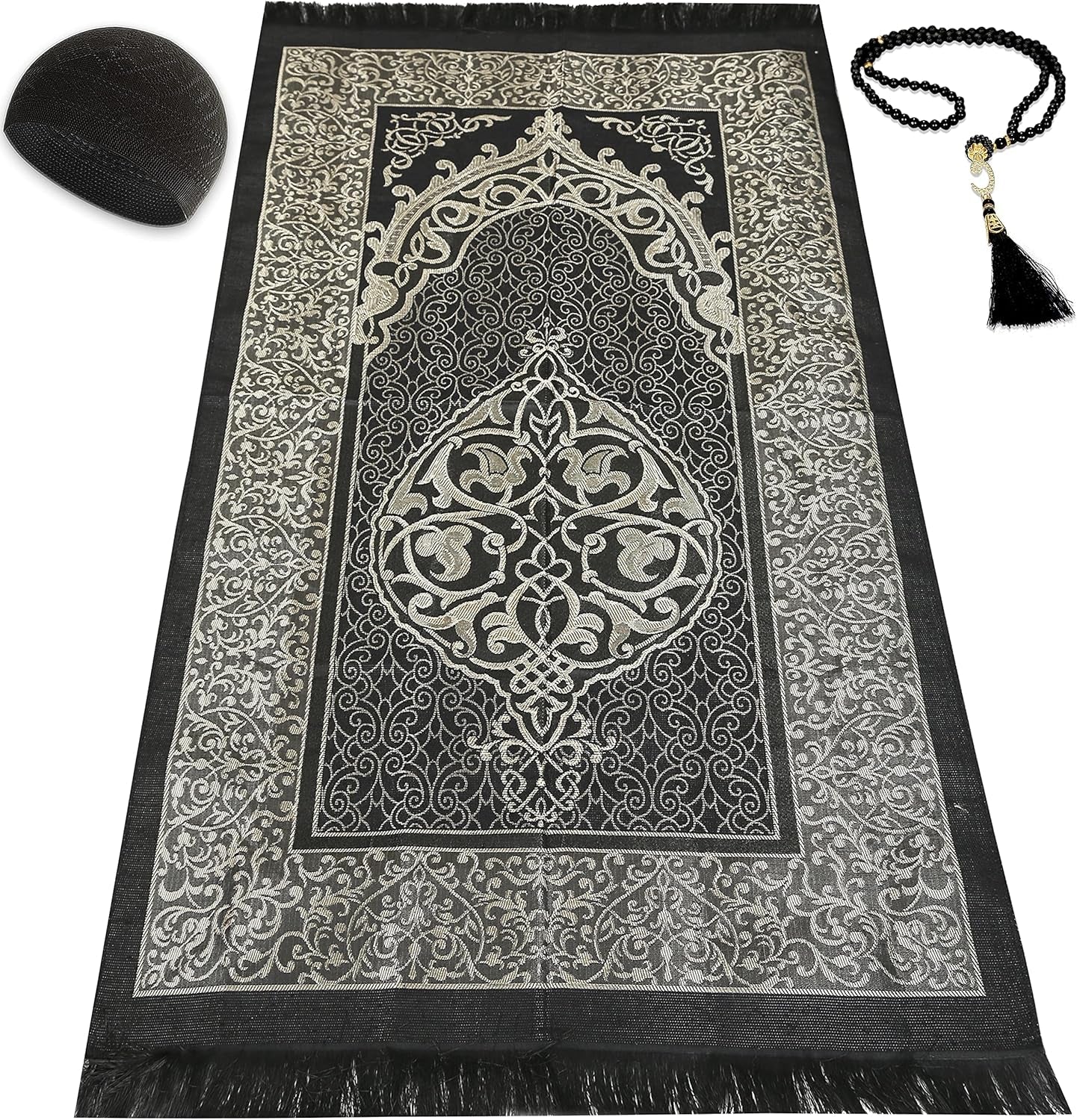 Muslim Prayer Rug Prayer Beads Kufi Hat for Men and Women 100% Breathable Black Skull Beanie Traditional Desing Prayer Mat Eid Ramadan Gifts Islamic Set Salah Mat Taffeta Fabric Soft (Black)