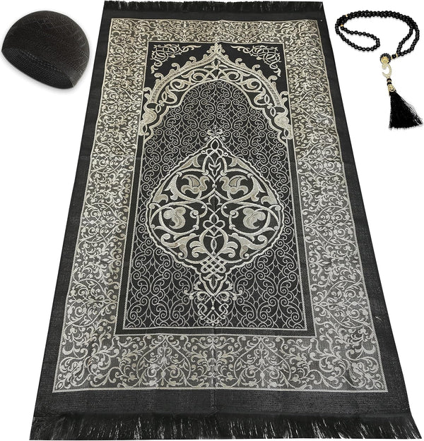 Muslim Prayer Rug Prayer Beads Kufi Hat for Men and Women 100% Breathable Black Skull Beanie Traditional Desing Prayer Mat Eid Ramadan Gifts Islamic Set Salah Mat Taffeta Fabric Soft (Black)