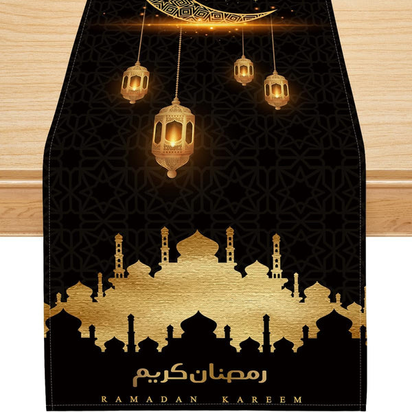 Ramadan Decorations for Home, Ramadan Table Runner Eid Mubarak Mosque Muslim Islamic Golden Moon Religious Table Runner Holiday Decor Dining Table Decoration (13'' X 36'')
